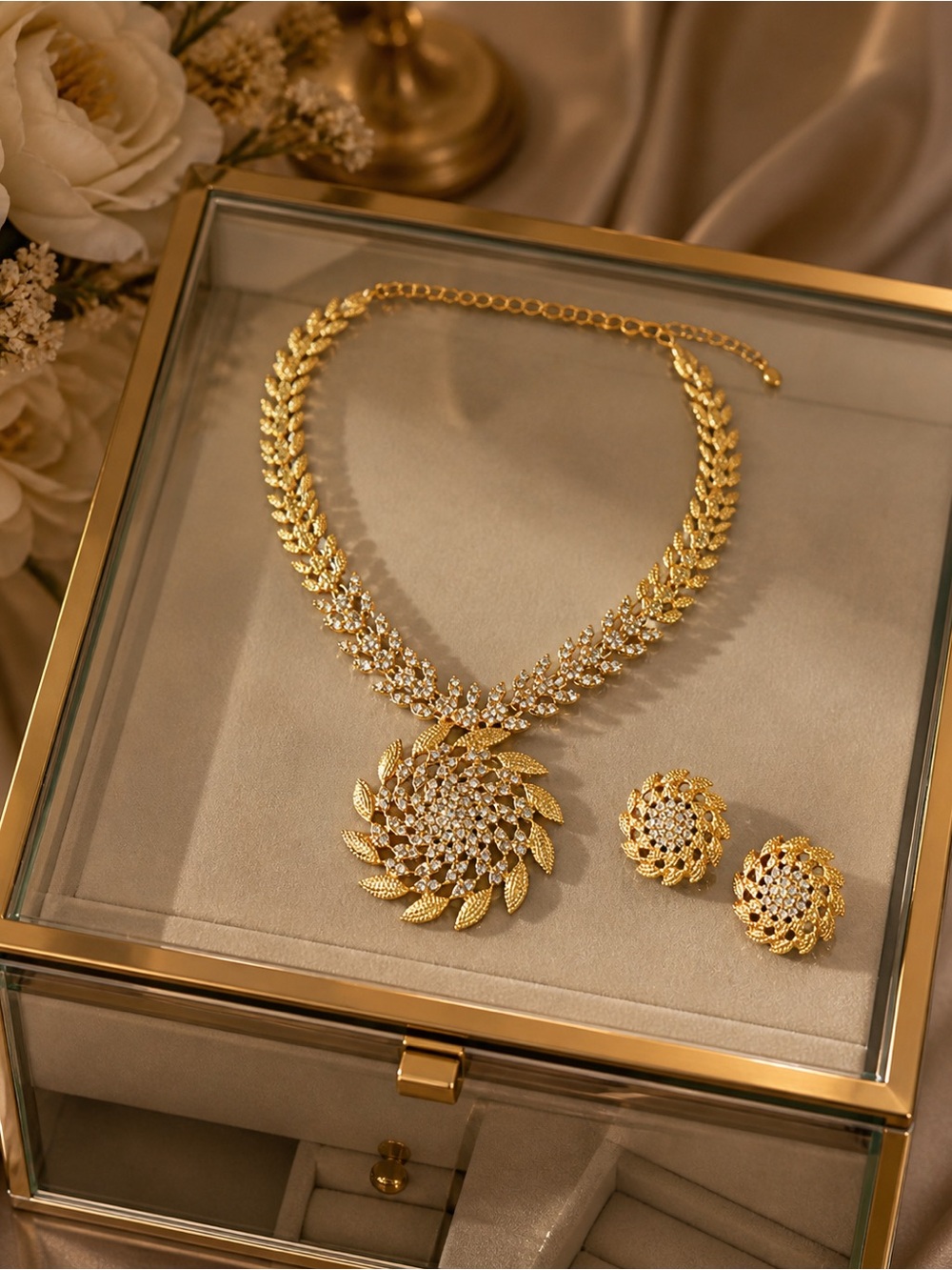 Gold Floral Crystal Necklace and Earring Set - Elegant Women Jewelry